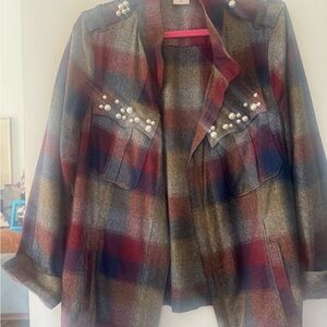 CAbi Plaid Utility Jacket in Red, Blue & Gold Tones with Pearl Accents